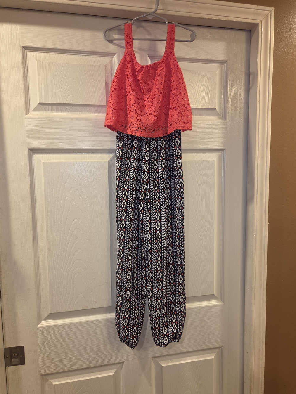 Girl's Coral Lace Overlay Jumpsuit with Patterned Pants